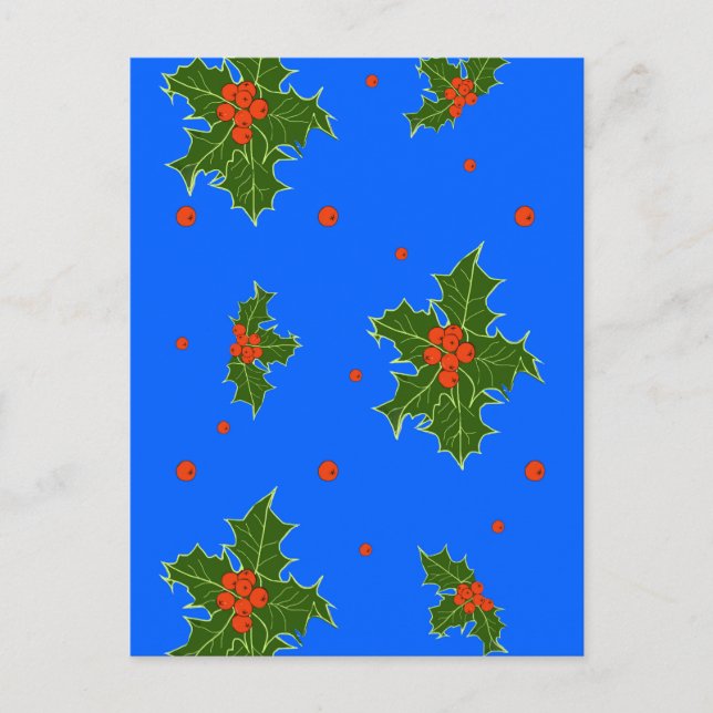 Holly (Ilex) Christmas Motif on Blue Background   Postcard (Front)