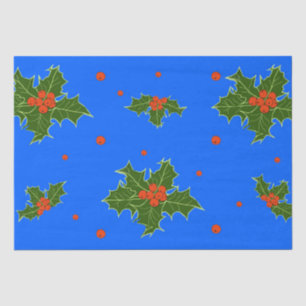 Holly (Ilex) Christmas Motif on Blue Background Tissue Paper