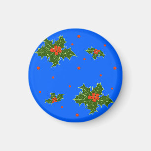 Holly (Ilex) Christmas Motif on Festive Blue Magnet