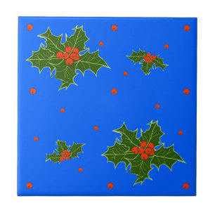 Holly (Ilex) Christmas Motif on Festive Blue Tile