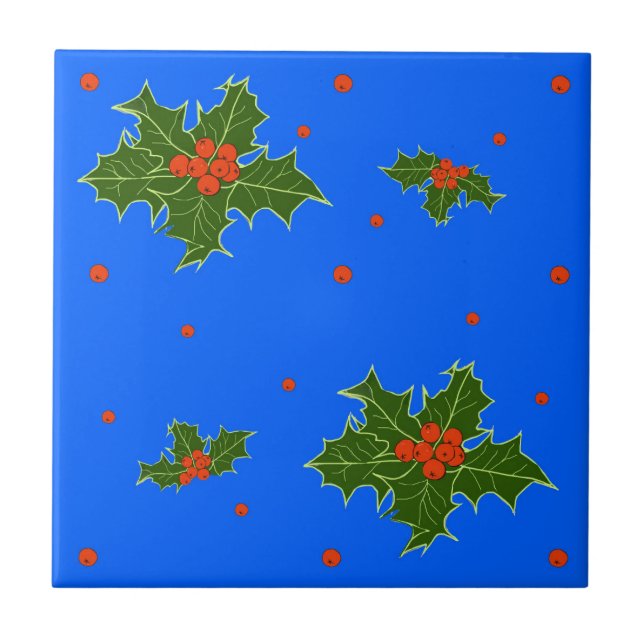 Holly (Ilex) Christmas Motif on Festive Blue  Tile (Front)