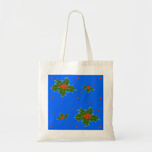 Holly (Ilex) Christmas Motif on Festive Blue Tote Bag
