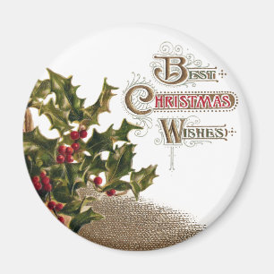 Holly in Wicker Basket Vintage Christmas Magnet