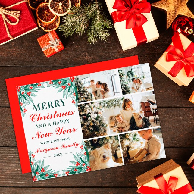 Holly Ivy Leaves Family Photo Collage Christmas Holiday Card (Creator Uploaded)