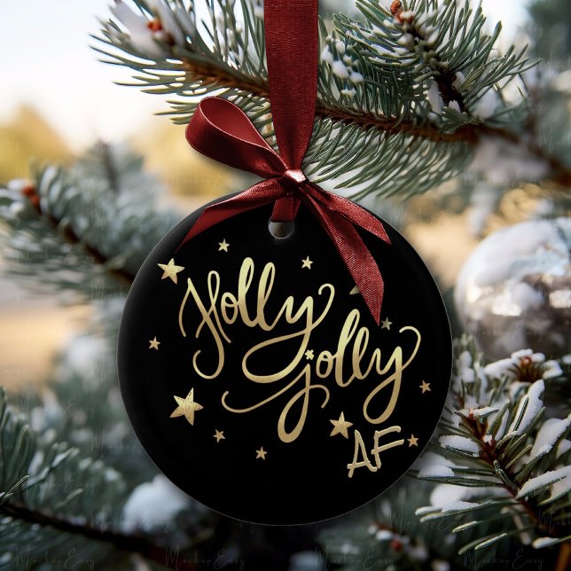 Holly Jolly AF Black | Modern Script Gold Star Ceramic Tree Decoration (Creator Uploaded)