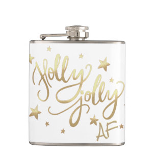 Holly Jolly AF   Modern Script Gold Star Confetti Hip Flask