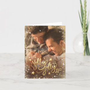 Holly Jolly AF   Shiny Faux Gold Foil Photo Holiday Card