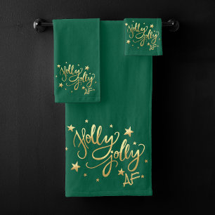 Holly Jolly AF Shiny Gold Faux Foil Script Bath Towel Set