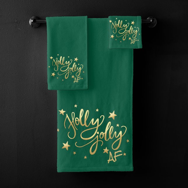 Holly Jolly AF | Shiny Gold Faux Foil Script Bath Towel Set (Creator Uploaded)