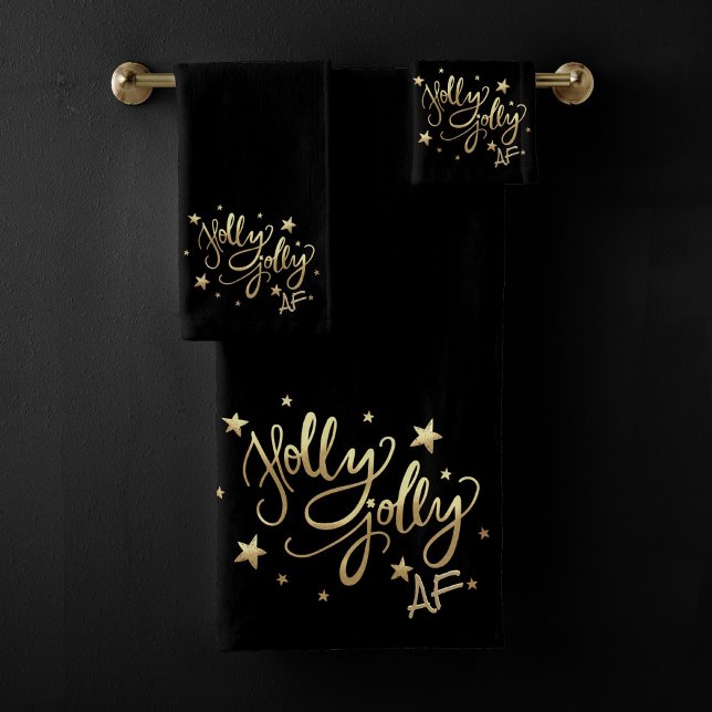 Holly Jolly AF | Shiny Gold Faux Foil Script Bath Towel Set (Creator Uploaded)