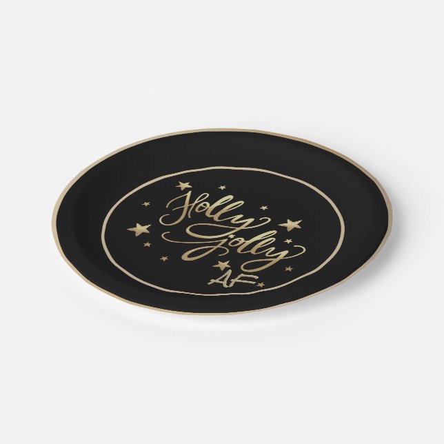 Holly Jolly AF | Shiny Gold Faux Foil Script Paper Plate (Angled)