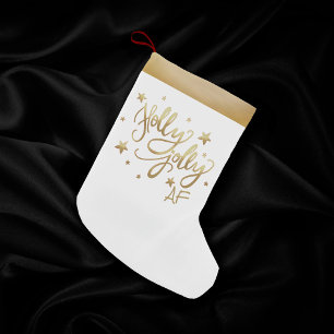 Holly Jolly AF Shiny Gold Faux Foil Script Small Christmas Stocking