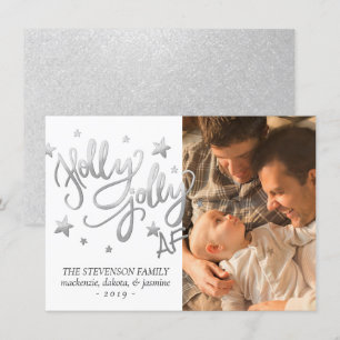 Holly Jolly AF   Shiny Silver Faux Foil Photo Holiday Card
