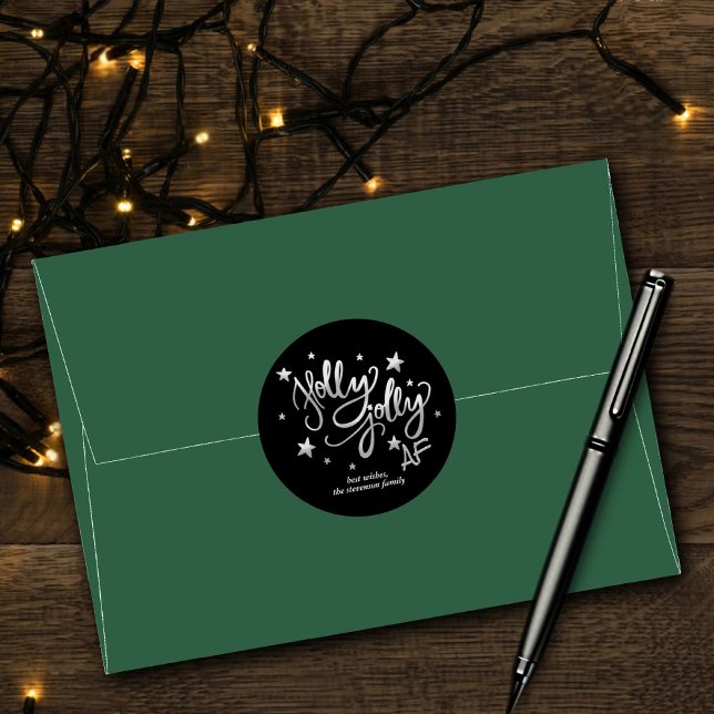 Holly Jolly AF | Shiny Silver Faux Foil Script Classic Round Sticker (Creator Uploaded)