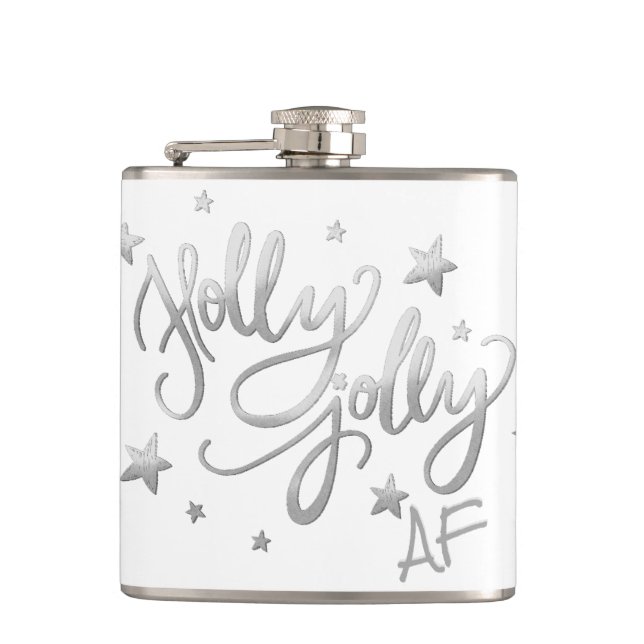 Holly Jolly AF | Shiny Silver Faux Foil Script Hip Flask (Front)
