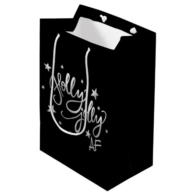 Holly Jolly AF | Shiny Silver Faux Foil Script Medium Gift Bag (Front Angled)