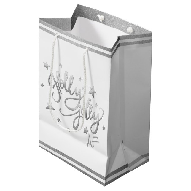 Holly Jolly AF | Shiny Silver Faux Foil Script Medium Gift Bag (Front Angled)