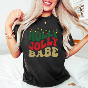 Holly Jolly Babe Retro Groovy Christmas Black T-Shirt