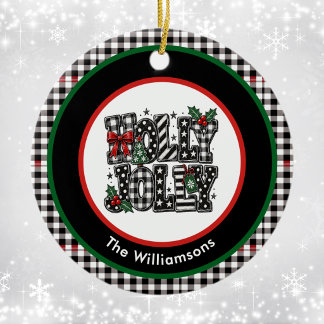 Holly Jolly Black Red Green Plaid Family Modern Ceramic Tree Decoration