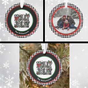 Holly Jolly Black Red Plaid Family Photo Modern Ornament