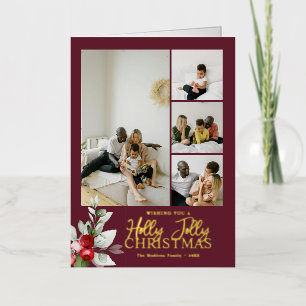 Holly Jolly Christmas 5 Photo Deep Red Foil Greeting Card