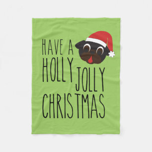 Holly Jolly Christmas Black Pug Santa Blanket