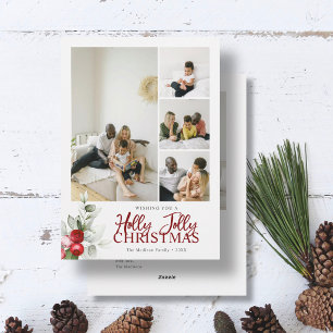 Holly Jolly Christmas Brush Script 5 Photo Holiday Card