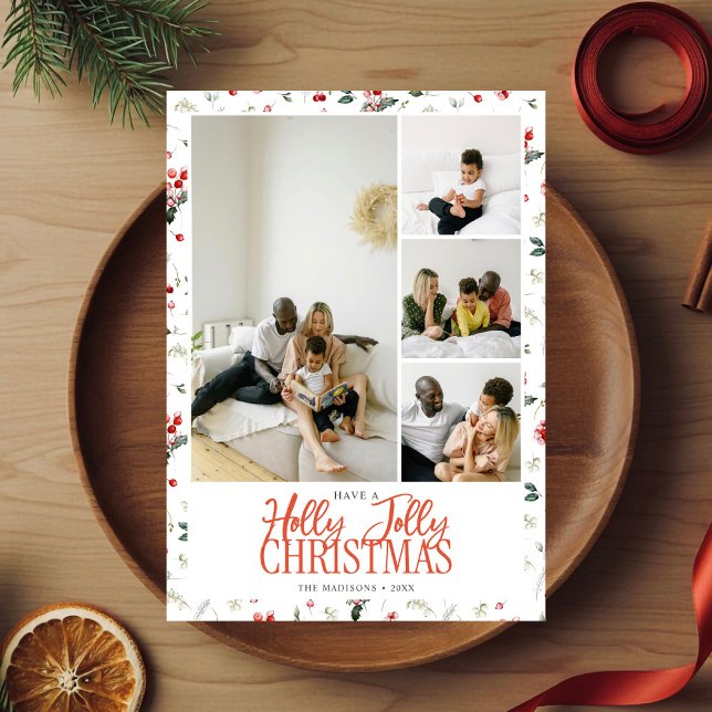 Holly Jolly Christmas Brush Script 5 Photo Holiday Card (Creator Uploaded)