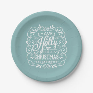 Holly Jolly Christmas Chalk Art Holiday Blue Party Paper Plate