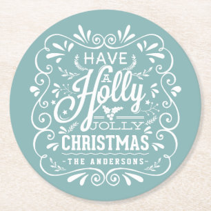 Holly Jolly Christmas Chalk Art Holiday Party Blue Round Paper Coaster
