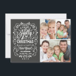 Holly Jolly Christmas Chalkboard Photo Collage Holiday Card<br><div class="desc">Festive and fancy curly chalk art Christmas Holiday greetings photo template on trendy flat cards. Cheerful chalkboard style typography with retro mix of hand-lettered styles, decorated with swirly frame, winter foliage and holly berries. Add your favourite holiday family photo and customise the text. Modern way to send happy winter holiday...</div>