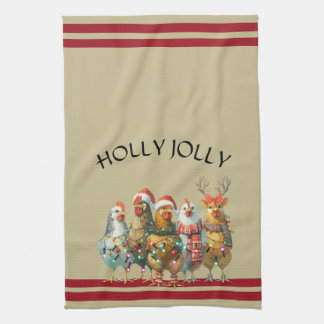 Holly Jolly  - Christmas Chickens With Santa Hats  Tea Towel
