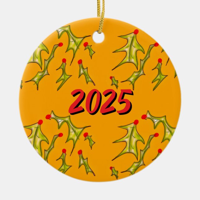 Holly Jolly Christmas Custom Date Ceramic Tree Decoration (Front)