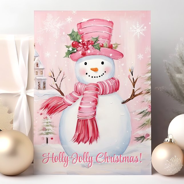 Holly Jolly Christmas Cute Pink Snowman Holiday Card (Creator Uploaded)
