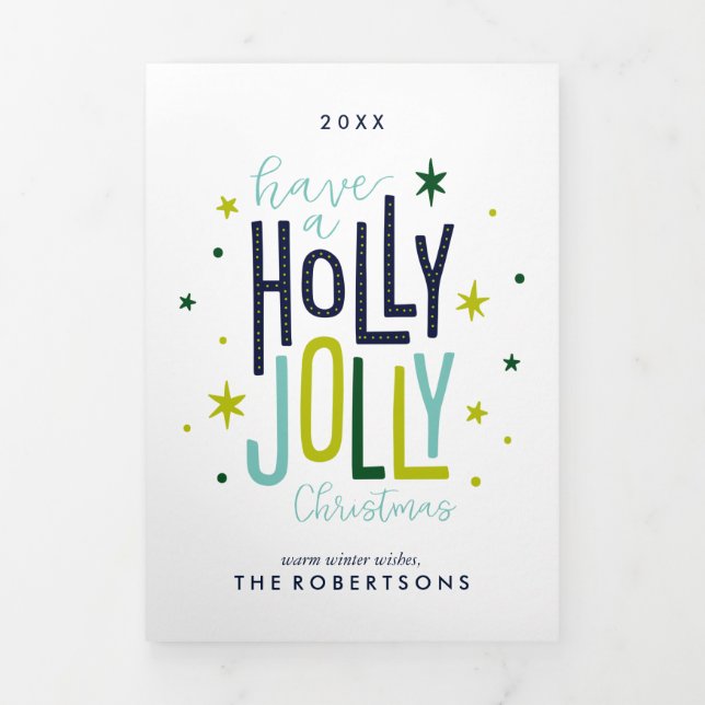Holly Jolly Christmas Family Photo Tri-Fold Holiday Card (Cover)
