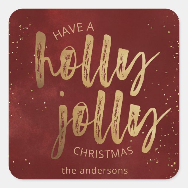 holly jolly Christmas faux foil brush script Square Sticker (Front)