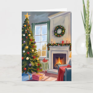 Holly Jolly Christmas Fireplace Tree Merry Holiday Card