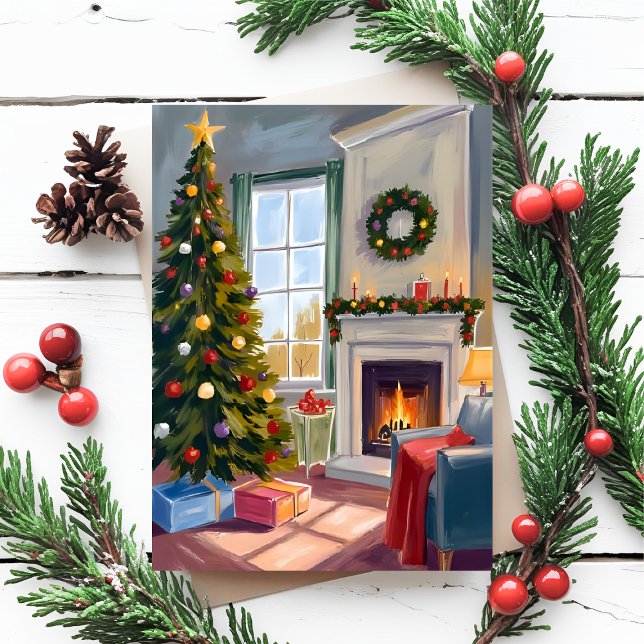 Holly Jolly Christmas | Fireplace Tree Merry Holiday Postcard (Creator Uploaded)