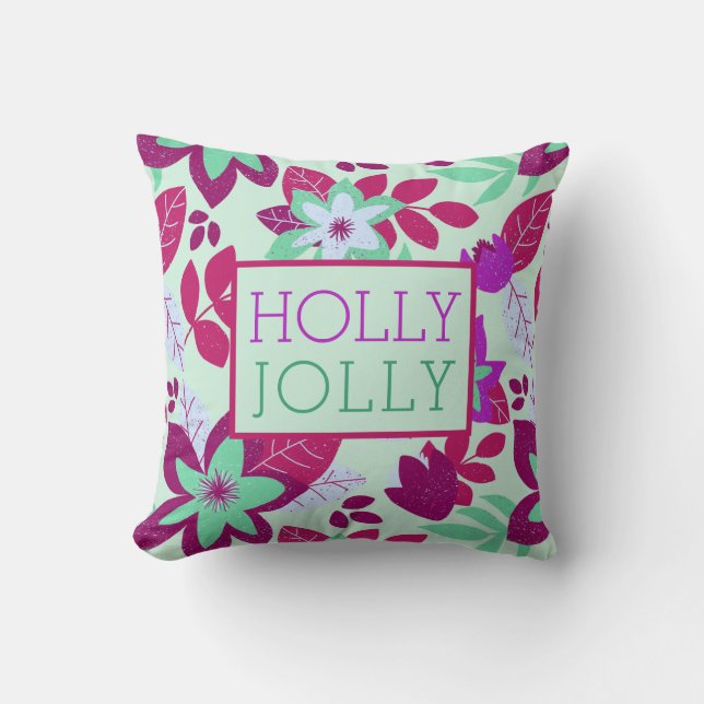 Holly Jolly Christmas Floral Holiday Cushion (Front)