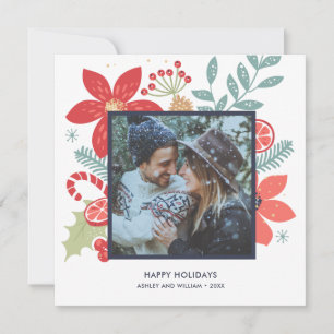 Holly Jolly Christmas Floral Photo Holiday Card