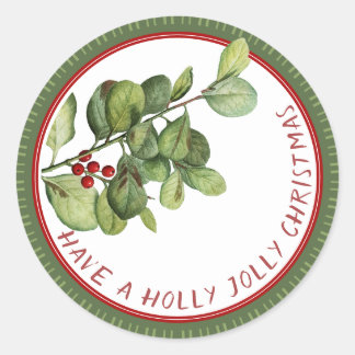 Holly Jolly Christmas French holly with berries Classic Round Sticker