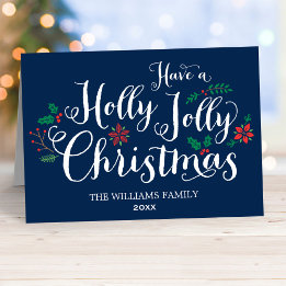 Holly Jolly Christmas Navy Blue Calligraphy Holiday Card
