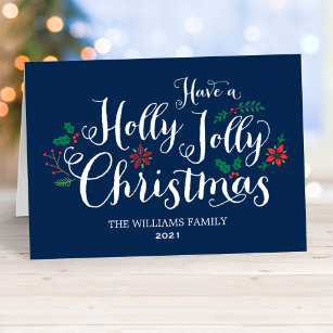 Holly Jolly Christmas Navy Blue Photo Holiday Card
