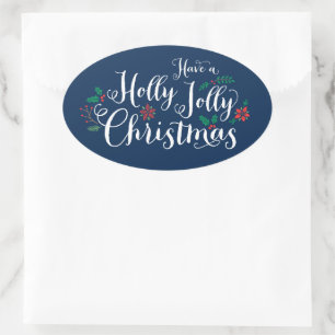 Holly Jolly Christmas Navy Blue Script Oval Sticker