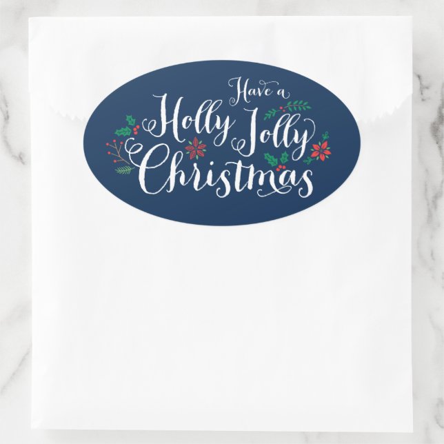 Holly Jolly Christmas Navy Blue Script Oval Sticker (Bag)
