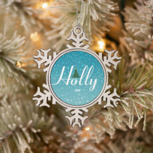 Holly Jolly Christmas Ornament, Custom  Snowflake Pewter Christmas Ornament