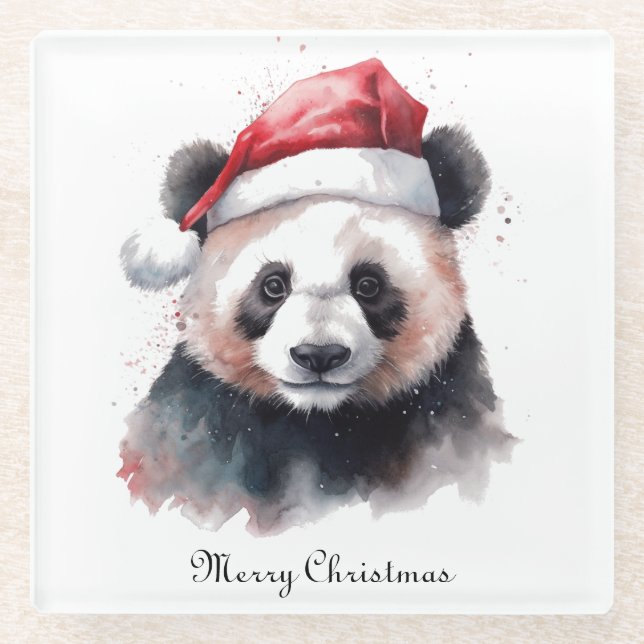 Holly Jolly Christmas Panda, custom Glass Coaster (Front)