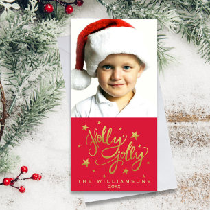 Holly Jolly Christmas Photo Whimsical Red Gold Holiday Card