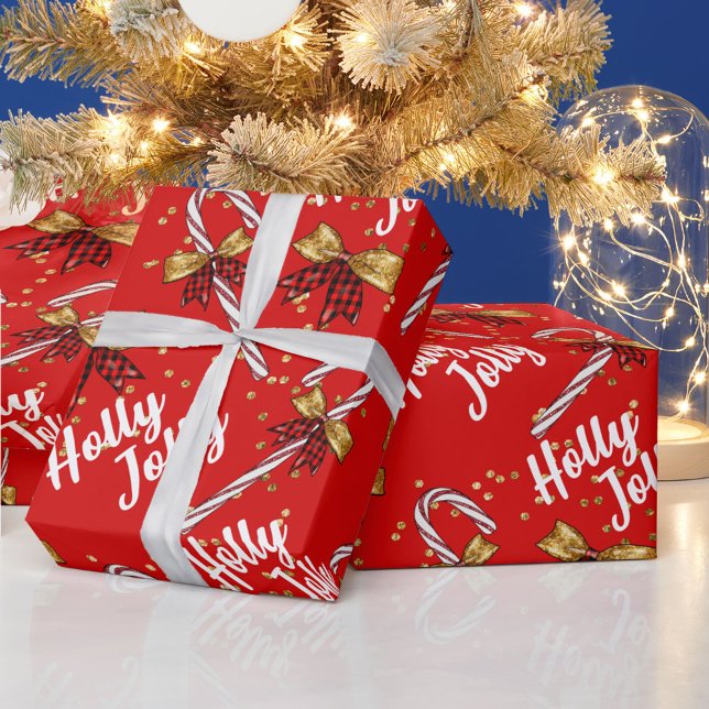 Holly Jolly Christmas Red Candy Cane Gold Bows Wrapping Paper (Creator Uploaded)