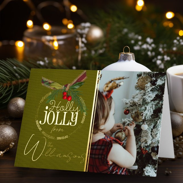 Holly Jolly Christmas Red With Holly Berry Gold  Foil Holiday Card (Elegant vintage holly jolly Christmas Card personalized holiday card with name)